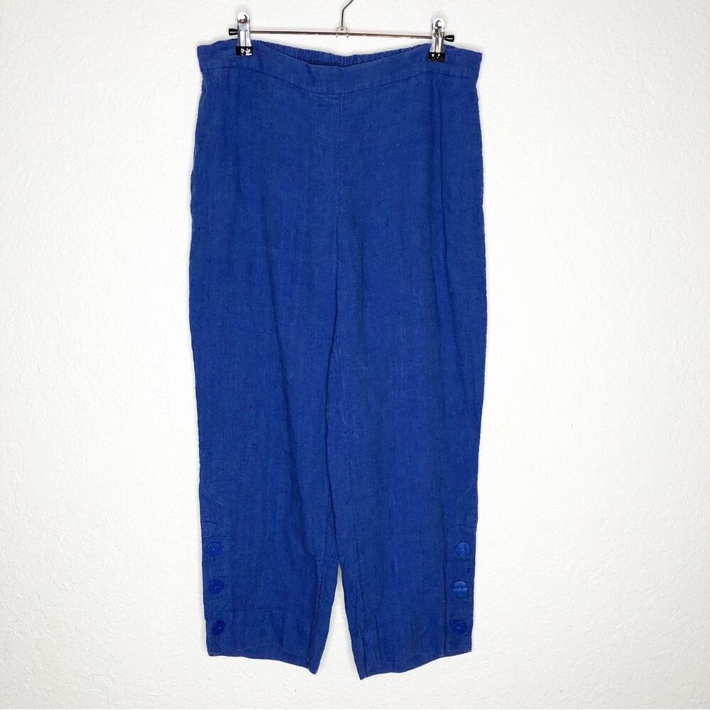 Chicos bright blue button cuff linen cropped pants size 0.5 or US 6